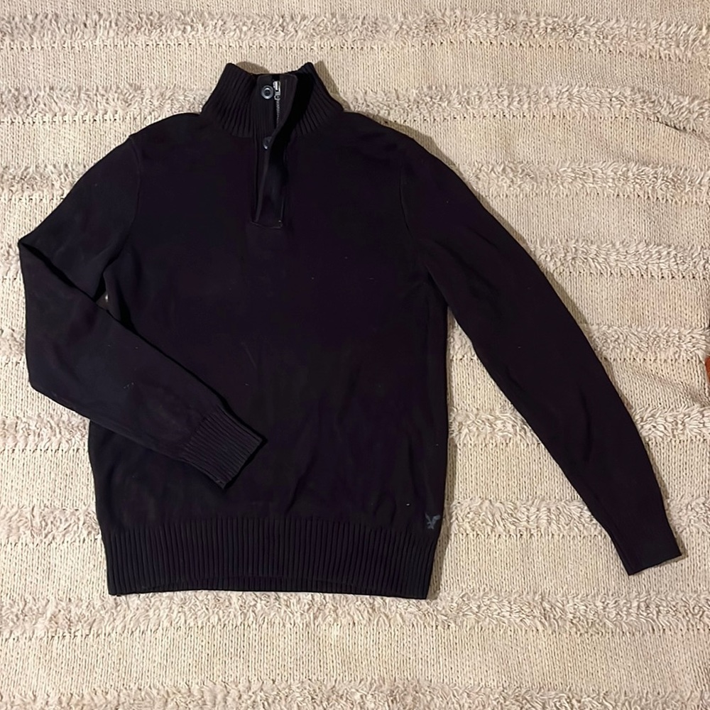 Knit maroon zip up (and buttons) sweater with rubbed trimming